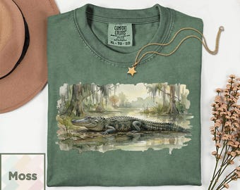 Maglietta con stampa alligatore ad acquerello / Maglietta con animali selvatici della palude / Regalo ispirato alla natura del sud / Maglietta con rettili del bayou / Maglietta vintage con stampa alligatore Comfort Colors® 1717