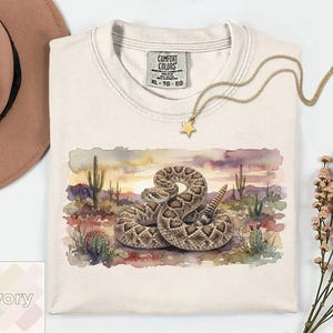 Camiseta con estampado de serpiente de cascabel en acuarela / Camiseta de fauna del desierto / Regalo para amantes de los reptiles del oeste / Camiseta para amantes de las serpientes / Camiseta vintage del suroeste Comfort Colors imagen 10