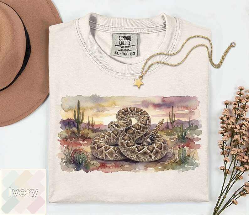 Camiseta con estampado de serpiente de cascabel en acuarela / Camiseta de fauna del desierto / Regalo para amantes de los reptiles del oeste / Camiseta para amantes de las serpientes / Camiseta vintage del suroeste Comfort Colors imagen 10
