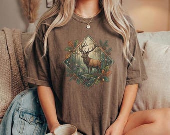 Maglietta vintage con alce / Maglietta con tema natura e bosco / Regalo botanico con animali / Top per amanti della fauna selvatica / Maglietta rustica con tema foresta Comfort Colors® 1717