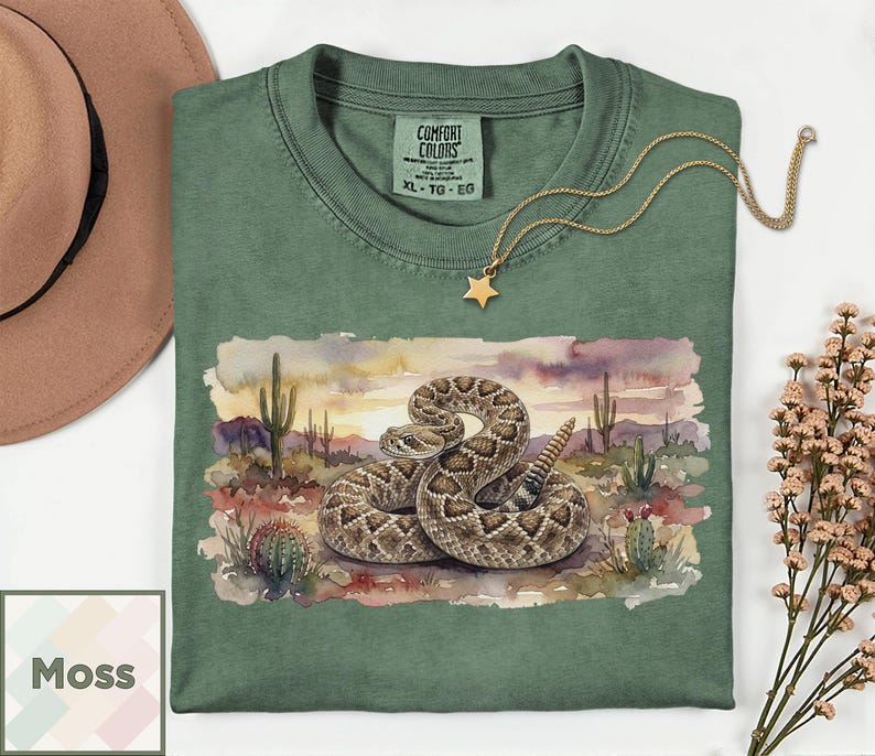 Camiseta con estampado de serpiente de cascabel en acuarela / Camiseta de fauna del desierto / Regalo para amantes de los reptiles del oeste / Camiseta para amantes de las serpientes / Camiseta vintage del suroeste Comfort Colors imagen 7