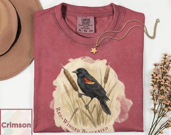 Maglietta vintage con merlo / Maglietta con merlo alato rosso / Regalo per osservatori di uccelli / Maglietta con natura palustre / Maglietta con illustrazione scientifica