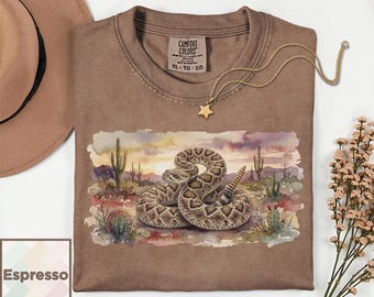 Maglietta con serpente a sonagli ad acquerello / Maglietta con fauna selvatica del deserto / Regalo per amanti dei rettili del West / Maglietta per amanti dei serpenti / Maglietta vintage del sud-ovest Comfort Colors