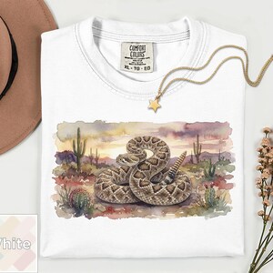 Camiseta con estampado de serpiente de cascabel en acuarela / Camiseta de fauna del desierto / Regalo para amantes de los reptiles del oeste / Camiseta para amantes de las serpientes / Camiseta vintage del suroeste Comfort Colors imagen 5
