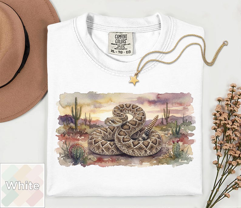 Camiseta con estampado de serpiente de cascabel en acuarela / Camiseta de fauna del desierto / Regalo para amantes de los reptiles del oeste / Camiseta para amantes de las serpientes / Camiseta vintage del suroeste Comfort Colors imagen 5