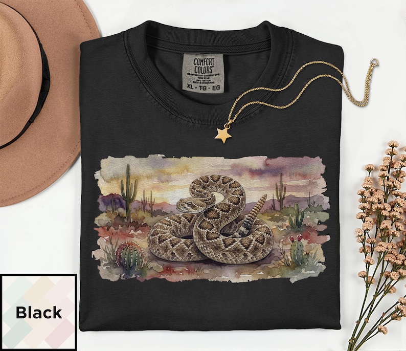Camiseta con estampado de serpiente de cascabel en acuarela / Camiseta de fauna del desierto / Regalo para amantes de los reptiles del oeste / Camiseta para amantes de las serpientes / Camiseta vintage del suroeste Comfort Colors imagen 8