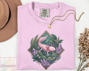 Maglietta magica con axolotl / Maglietta botanica con cristalli / Regalo cottagecore a tema anfibio / Top natura / Maglietta vintage stravagante Comfort Colors® 1717