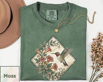 Maglietta con colibrì / Maglietta botanica vintage / Regalo con uccelli in stile cottagecore / Maglietta per appassionati di birdwatching / Maglietta floreale e naturalistica Comfort Colors® 1717