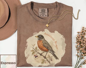 Camiseta vintage de petirrojo / Camiseta de petirrojo americano / Regalo de primavera para observadores de aves / Camiseta de jardinería natural / Camiseta con ilustración científica