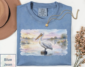 Maglietta con pellicano ad acquerello / Maglietta con uccello costiero / Regalo con animali marini / Top stile spiaggia / Maglietta nautica vintage Comfort Colors® 1717