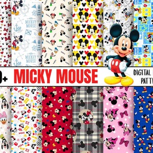 Puede incluir: Una colección de patrones de papel digital con Mickey Mouse. Los patrones incluyen varios diseños con Mickey Mouse, Minnie Mouse y otros personajes de Disney. La paleta de colores incluye rojo, negro, amarillo y azul.