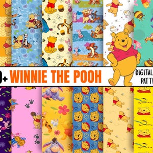 May include: A collection of digital paper patterns featuring Winnie the Pooh and friends. The patterns include various colors and designs, with images of Pooh, Piglet, Tigger, and Eeyore. The text "30+ Winnie the Pooh" is displayed.