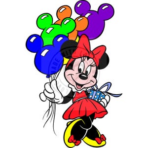 May include: A cartoon illustration of Minnie Mouse holding a bundle of colorful Mickey Mouse-shaped balloons and a wrapped gift. Minnie Mouse is wearing a red dress, bow, and yellow shoes. The balloons are blue, green, orange, and purple.