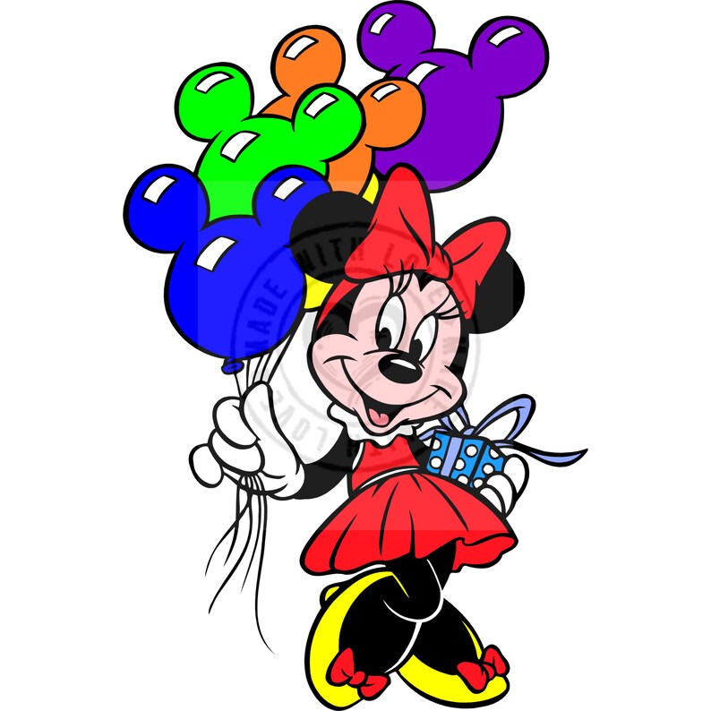May include: A cartoon illustration of Minnie Mouse holding a bundle of colorful Mickey Mouse-shaped balloons and a wrapped gift. Minnie Mouse is wearing a red dress, bow, and yellow shoes. The balloons are blue, green, orange, and purple.