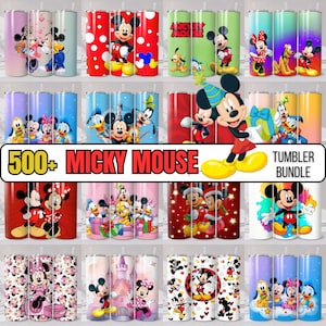 May include: A collection of stainless steel tumblers featuring various designs of Mickey Mouse and friends. The tumblers showcase vibrant colors and character illustrations, with the text "500+ MICKY MOUSE TUMBLER BUNDLE" displayed prominently.
