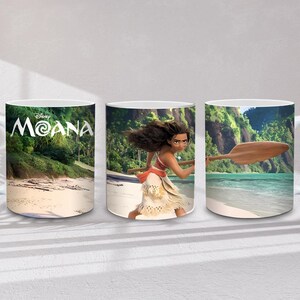 May include: White ceramic mugs with images from the Disney film Moana. One mug shows the film's title, and the others depict Moana on a beach with a paddle and tropical scenery. Each mug has a white handle.