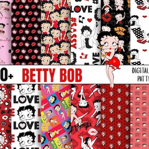 May include: A collection of digital paper patterns featuring Betty Boop. The patterns include various designs with Betty Boop, hearts, and text. The color palette includes red, black, white, and pink. The text "20+ BETTY BOB" and "DIGITAL PAPER PATTERN" are displayed.