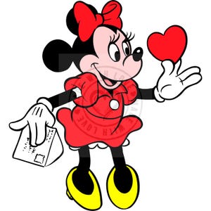 May include: A cartoon illustration of Minnie Mouse in a red dress and bow, holding a red heart and a white envelope. Her shoes are yellow. The image is a classic Disney character design.