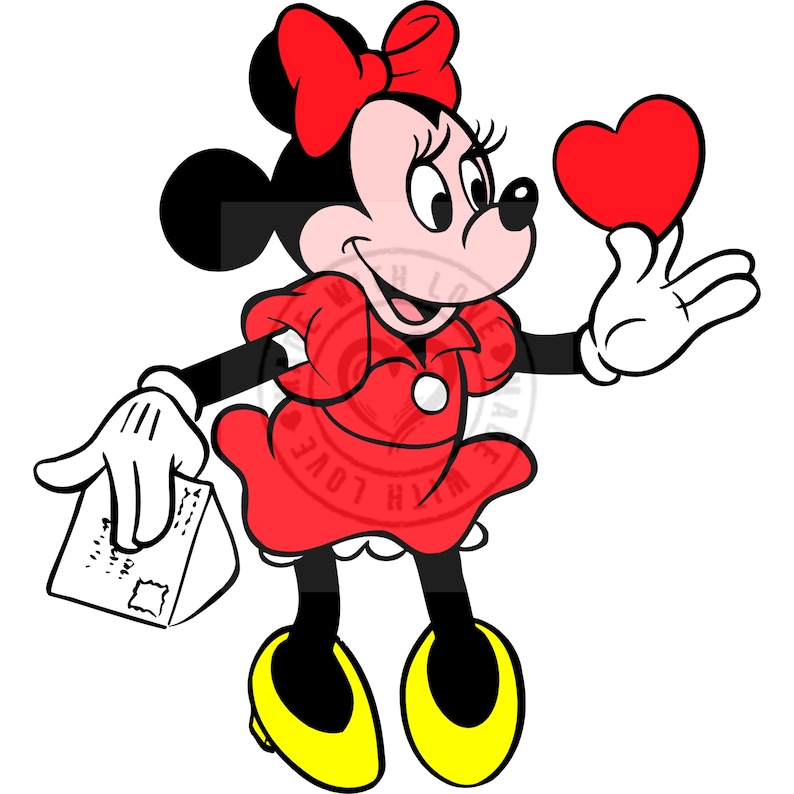 May include: A cartoon illustration of Minnie Mouse in a red dress and bow, holding a red heart and a white envelope. Her shoes are yellow. The image is a classic Disney character design.
