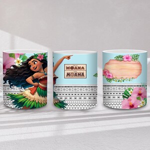 May include: White ceramic mug with a design from the animated film Moana. The mug features the character Moana, floral elements, and the word "Moana" on a light blue background. The design includes a decorative border.