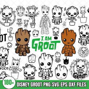 Könnte beinhalten: Eine Sammlung von Groot-Charakterdesigns in verschiedenen Posen und Stilen, einschließlich Strichzeichnungen und farbigen Versionen. Der Satz "I AM GROOT" ist enthalten, zusammen mit dem Text "180+ DISNEY GROOT PNG-SVG-EPS-DXF FILES".
