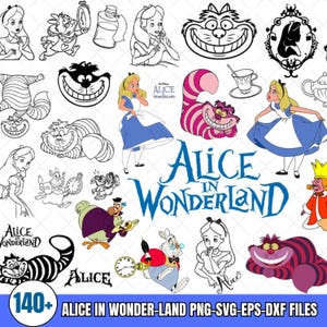 Peut inclure: Une collection d'illustrations sur le thème d'Alice au pays des merveilles. L'image présente divers personnages, dont Alice, le Chat du Cheshire et le Lapin Blanc, dans des designs en couleur et en noir et blanc. Le titre "Alice in Wonderland" est affiché en bleu, avec le texte "140+ ALICE IN WONDER-LAND PNG-SVG-EPS-DXF FILES" en bas.