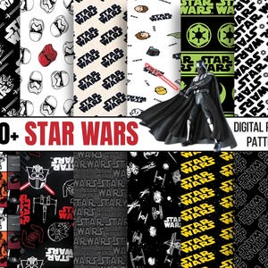Puede incluir: Una colección de patrones de papel digital con temática de Star Wars. La imagen presenta varios diseños, incluyendo logotipos repetidos, ilustraciones de personajes y formas geométricas. También se ve el texto "50+ STAR WARS" y "DIGITAL PAPER PATTREN".