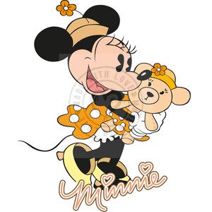 May include: A cartoon illustration of Minnie Mouse in a yellow and orange polka dot dress, holding a teddy bear. Minnie Mouse is wearing a matching hat with a flower. The word "Minnie" is written in cursive at the bottom.