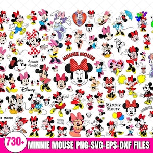 May include: A collection of Minnie Mouse images in various poses and styles, with red bows and dresses. The images include the text "Minnie Mouse" and "Disney". The image also includes the text "730+ MINNIE MOUSE PNG-SVG-EPS-DXF FILES".