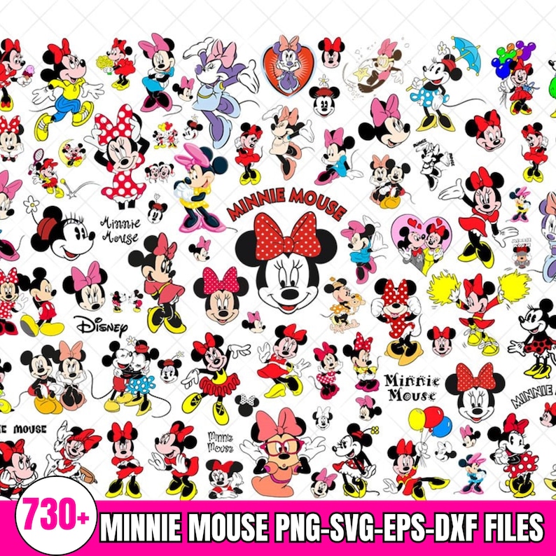 May include: A collection of Minnie Mouse images in various poses and styles, with red bows and dresses. The images include the text "Minnie Mouse" and "Disney". The image also includes the text "730+ MINNIE MOUSE PNG-SVG-EPS-DXF FILES".