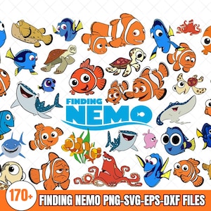 Può includere: Una collezione di illustrazioni di cartoni animati con personaggi del film "Alla ricerca di Nemo". L'immagine include Nemo, Dory, tartarughe, squali e altre creature marine in varie pose. Il titolo "Finding Nemo" è visualizzato in testo blu.