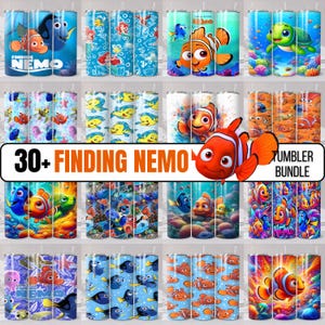 Puede incluir: Una colección de vasos temáticos de Buscando a Nemo. Los vasos presentan varios diseños con Nemo, Dory y otros personajes de la película. Los vasos son de varios colores, incluyendo azul, naranja y verde. Se muestra el texto "30+ Finding Nemo Tumbler Bundle".