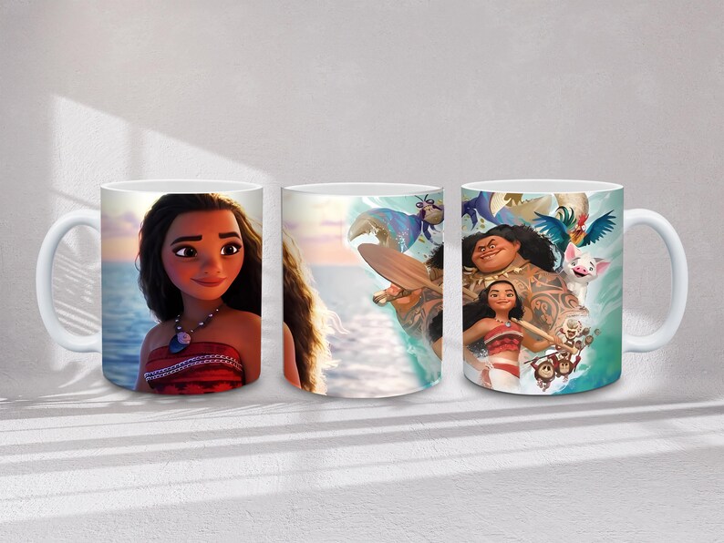 May include: Three white ceramic mugs featuring characters from the animated film Moana. The mugs display images of Moana, Maui, Pua, Hei Hei, and other characters. The mugs have white handles and a glossy finish.
