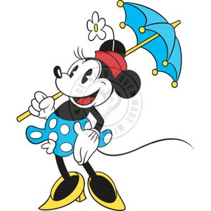 May include: A cartoon illustration of a mouse character wearing a blue polka-dot dress, red bow, and yellow shoes, holding a light blue umbrella. The character is smiling and has a white flower on its head.