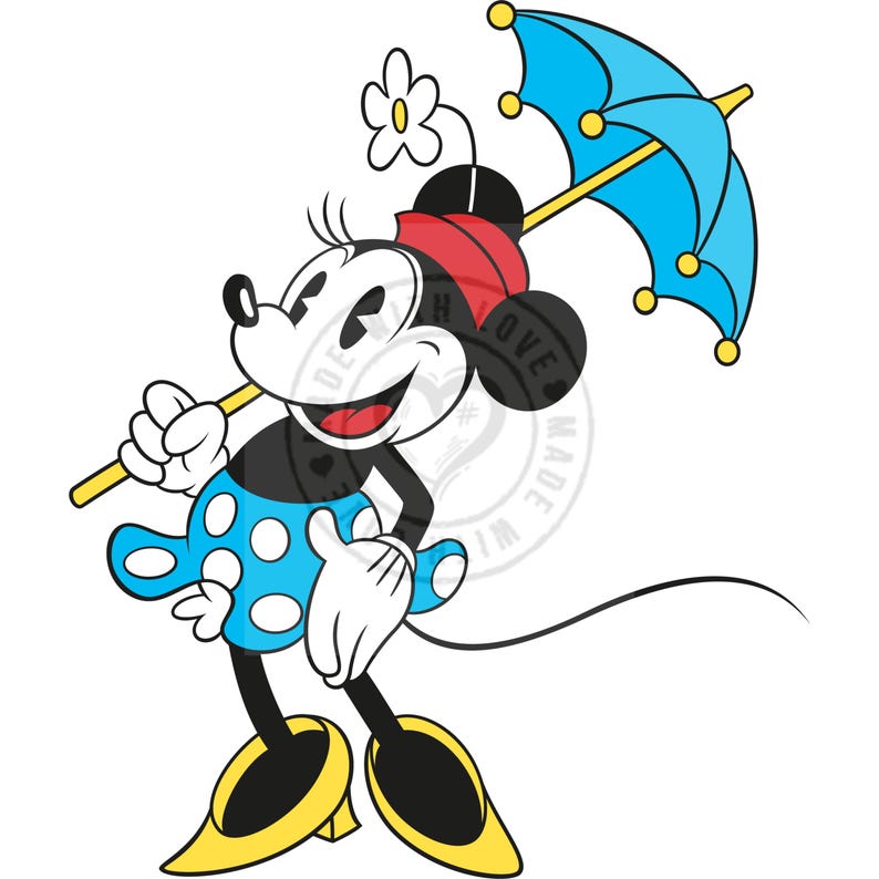 May include: A cartoon illustration of a mouse character wearing a blue polka-dot dress, red bow, and yellow shoes, holding a light blue umbrella. The character is smiling and has a white flower on its head.