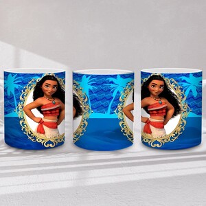 May include: White ceramic mug featuring a cartoon image of a woman in a red top and white skirt, framed by a gold ornate border. The background is blue with palm tree silhouettes.