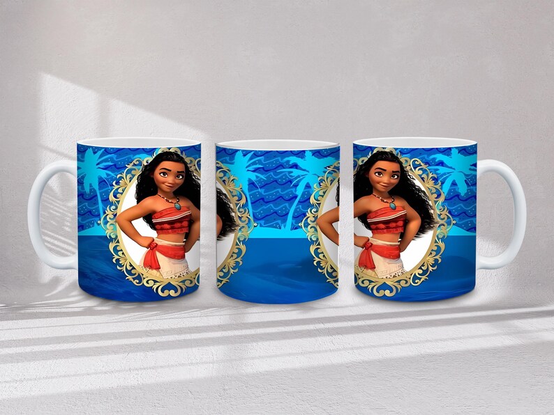 May include: White ceramic mug featuring a cartoon image of a woman in a red top and white skirt, framed by a gold ornate border. The background is blue with palm tree silhouettes.
