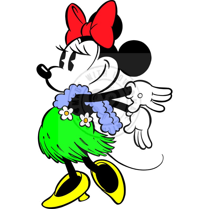 May include: A cartoon illustration of Minnie Mouse in a Hawaiian outfit. She wears a red bow, a blue lei, a green grass skirt, and yellow shoes. Her black ears and tail are visible.
