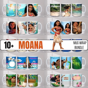 May include: A selection of white ceramic mugs with designs from the film "Moana." The mugs display characters, scenes, and the film's logo. The text "10+ MOANA MUG WRAP BUNDLE" is also visible.
