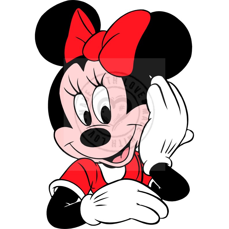 May include: A cartoon illustration of Minnie Mouse, a popular Disney character. She is depicted with a red bow, black ears, and a red dress. Her white gloved hand is raised, and she is smiling. The image has a white background.