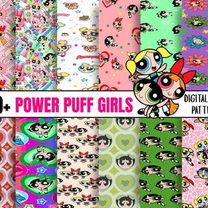 Puede incluir: Una colección de patrones de papel digital con las Supernenas. Los patrones incluyen varios diseños con los personajes, corazones, estrellas y otros elementos en rosa, verde y morado. Se muestra el texto "30+ POWER PUFF GIRLS" y "DIGITAL PAPER PATTERN".