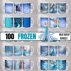 Puede incluir: Una colección de tazas de cerámica blanca con diseños de la película "Frozen". Las tazas muestran varias escenas y personajes, incluyendo a Elsa y Anna, en tonos azules y blancos. El texto "100 FROZEN MUG WRAP BUNDLE" también es visible.