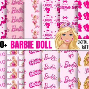 May include: A collection of pink digital paper patterns featuring Barbie themes. Designs include Barbie logos, silhouettes, and illustrations of Barbie dolls. The text "300+ BARBIE DOLL" and "DIGITAL PAPER PATTERN" are also visible.