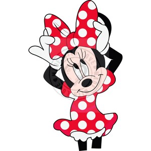 May include: A cartoon illustration of Minnie Mouse. She is wearing a red dress and a matching bow, both with white polka dots. Her white gloves are raised near her head, and she is smiling.