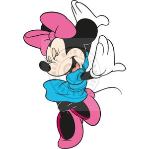 May include: A cartoon illustration of Minnie Mouse in a joyful pose. She wears a pink bow, a blue dress, and pink shoes. Her black ears and face are visible, with white gloves and a big smile. The image has the text "MADE WITH LOVE" in a circle.