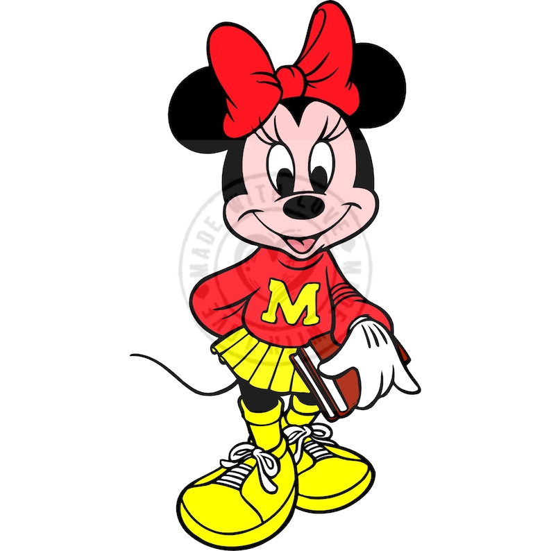 May include: Cartoon illustration of Minnie Mouse. She wears a red sweater with a yellow "M", a yellow skirt, and yellow shoes. A large red bow sits atop her head. She holds a book and has a white glove on her right hand.