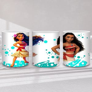 May include: White ceramic mugs with a Polynesian princess illustration. The design features a red and white top, a tan skirt, and long black hair. Turquoise accents and a white handle are also visible on the mugs.
