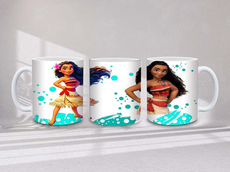 May include: White ceramic mugs with a Polynesian princess illustration. The design features a red and white top, a tan skirt, and long black hair. Turquoise accents and a white handle are also visible on the mugs.