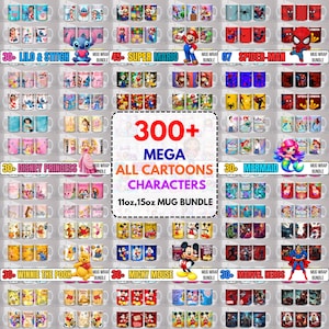 May include: A display of cartoon character mugs featuring characters such as Lilo & Stitch, Super Mario, Spider-Man, Disney Princesses, Mermaid, Winnie the Pooh, Mickey Mouse, and Marvel Heroes. Available in 11oz and 15oz sizes.