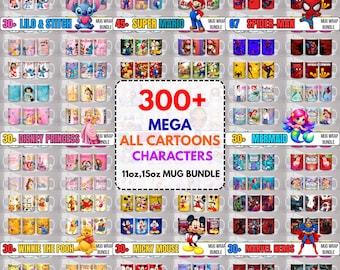 300+ Cartoon Character 15oz,11oz Mug Bundle Sublimation Designs PNG Instant Download